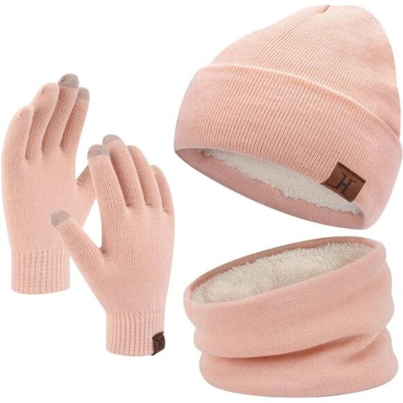 Winter Beanie Hat Scarf Touchscreen Gloves Set Pink - Picture 1 of 6
